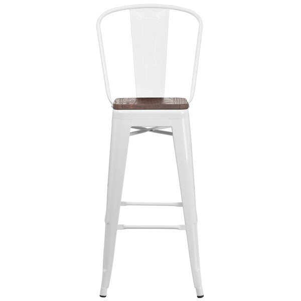 White Metal Barstool with Back and Wood Seat, 30