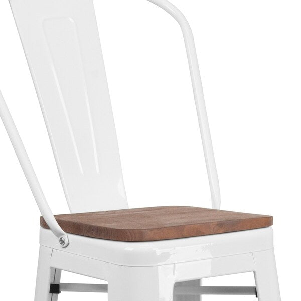 White Metal Barstool with Back and Wood Seat, 30