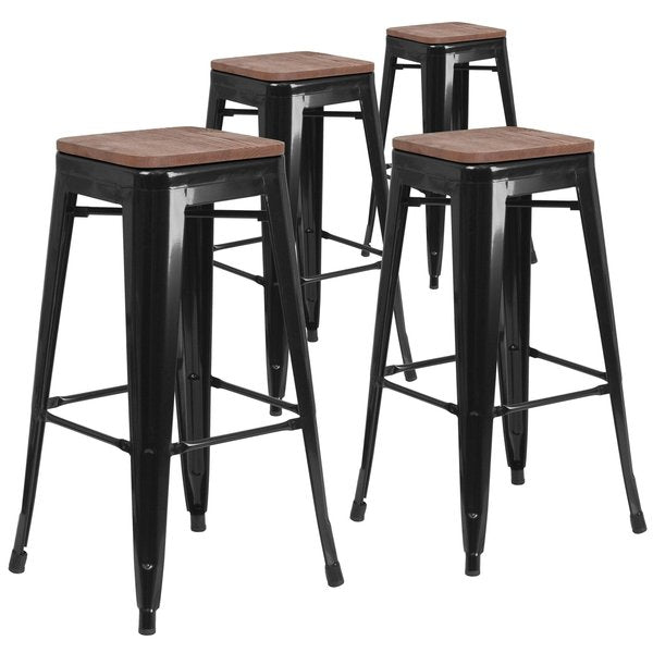 Backless Black Metal Barstool with Square Wood Seat, 30