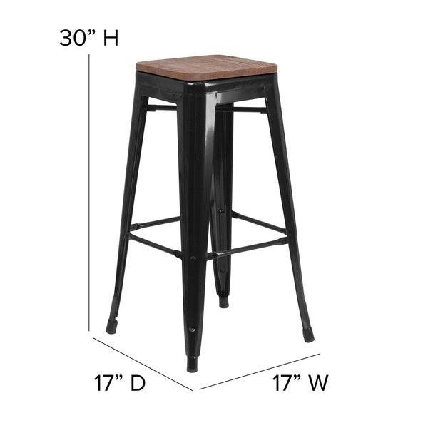 Backless Black Metal Barstool with Square Wood Seat, 30