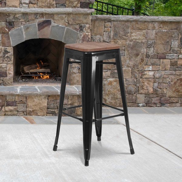 Backless Black Metal Barstool with Square Wood Seat, 30