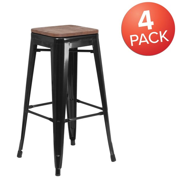 Backless Black Metal Barstool with Square Wood Seat, 30
