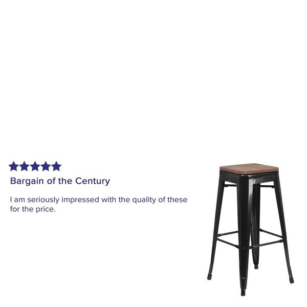 Backless Black Metal Barstool with Square Wood Seat, 30