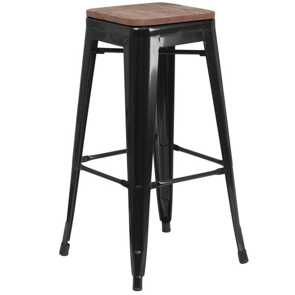 Backless Black Metal Barstool with Square Wood Seat, 30