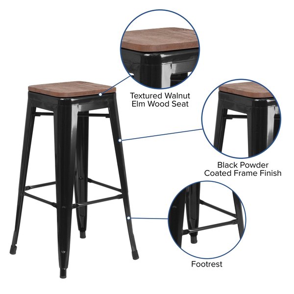Backless Black Metal Barstool with Square Wood Seat, 30