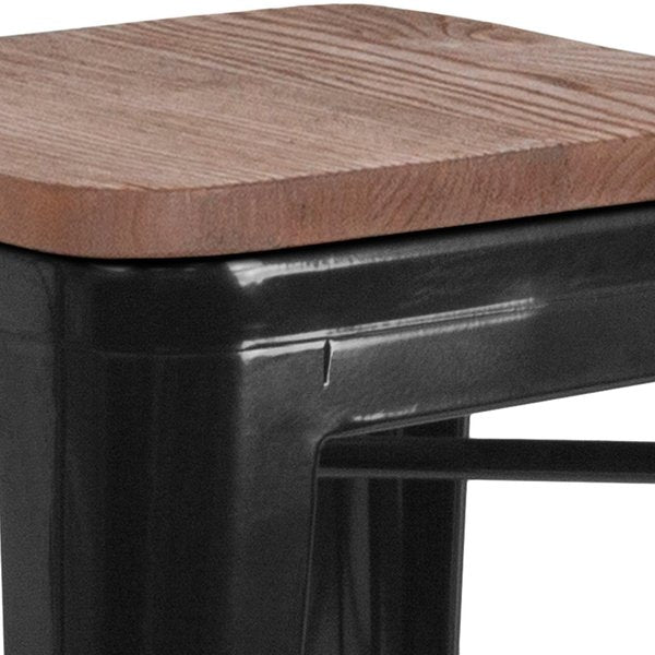 Backless Black Metal Barstool with Square Wood Seat, 30