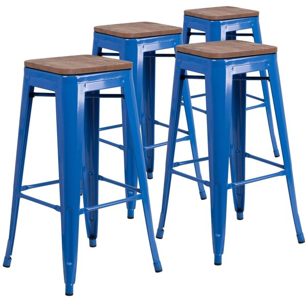 Backless Blue Metal Barstool with Square Wood Seat, 30