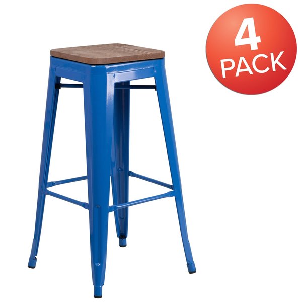 Backless Blue Metal Barstool with Square Wood Seat, 30