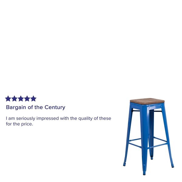 Backless Blue Metal Barstool with Square Wood Seat, 30