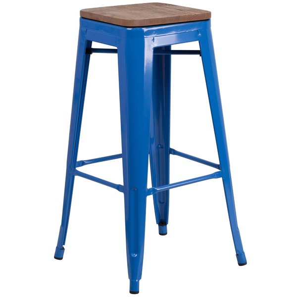 Backless Blue Metal Barstool with Square Wood Seat, 30
