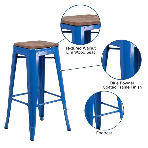 Backless Blue Metal Barstool with Square Wood Seat, 30