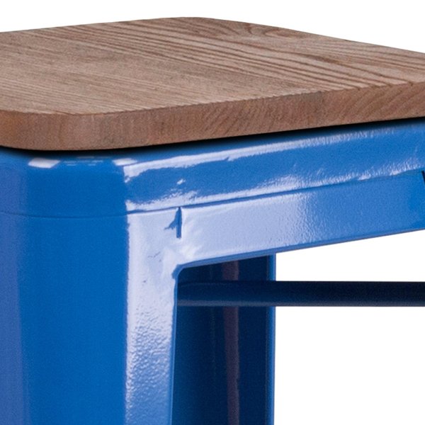 Backless Blue Metal Barstool with Square Wood Seat, 30