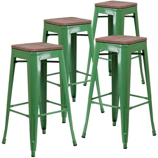 Backless Green Metal Barstool with Square Wood Seat, 30