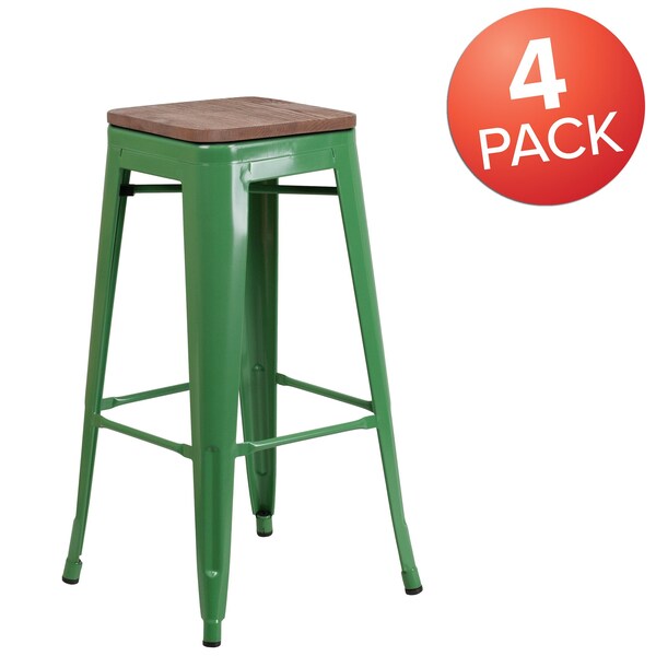 Backless Green Metal Barstool with Square Wood Seat, 30
