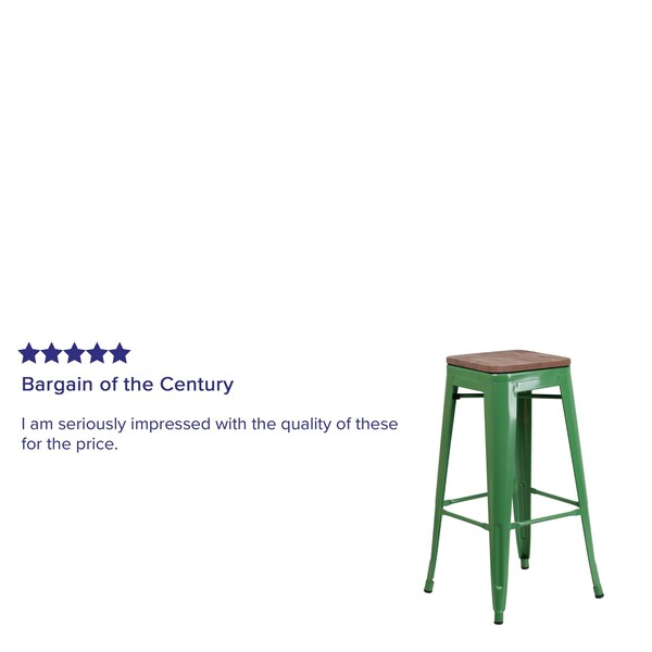 Backless Green Metal Barstool with Square Wood Seat, 30