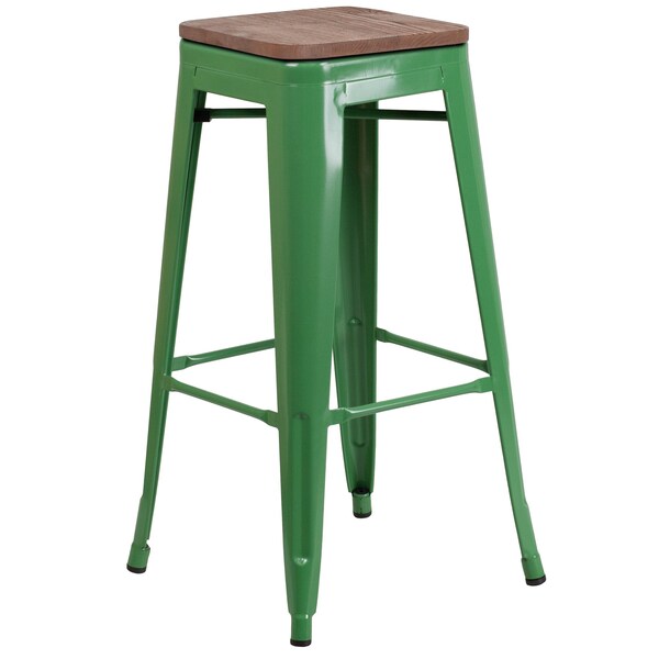 Backless Green Metal Barstool with Square Wood Seat, 30