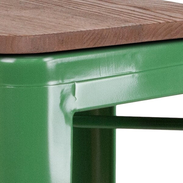 Backless Green Metal Barstool with Square Wood Seat, 30