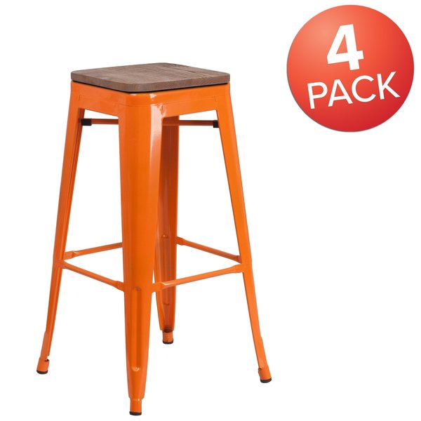 Backless Orange Metal Barstool with Square Wood Seat, 30