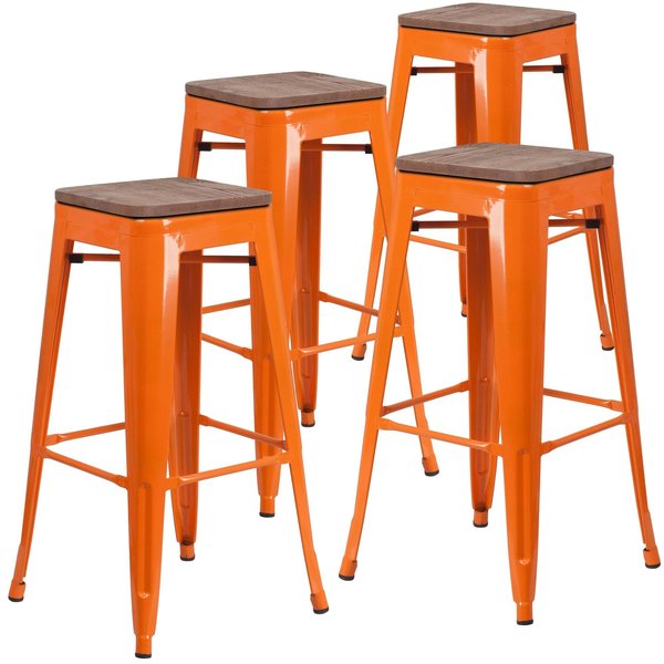 Backless Orange Metal Barstool with Square Wood Seat, 30