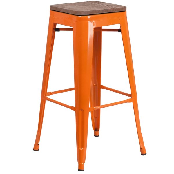 Backless Orange Metal Barstool with Square Wood Seat, 30