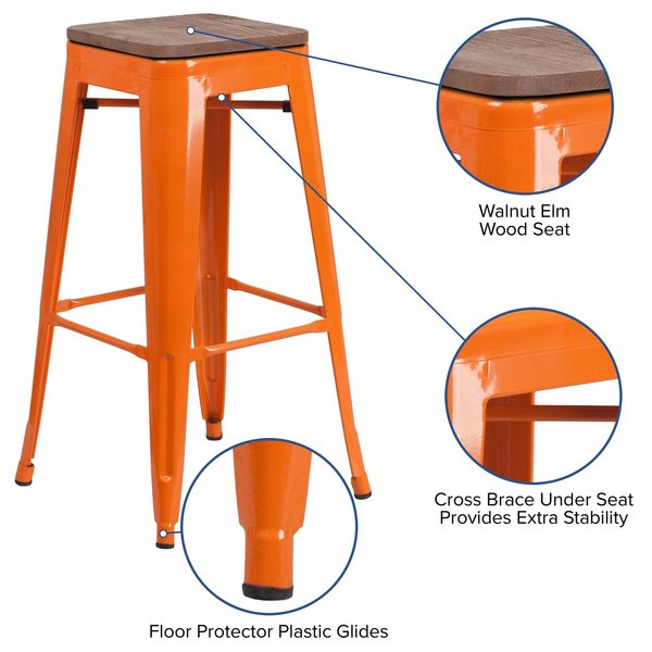 Backless Orange Metal Barstool with Square Wood Seat, 30