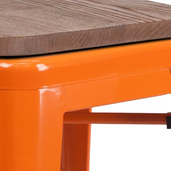 Backless Orange Metal Barstool with Square Wood Seat, 30