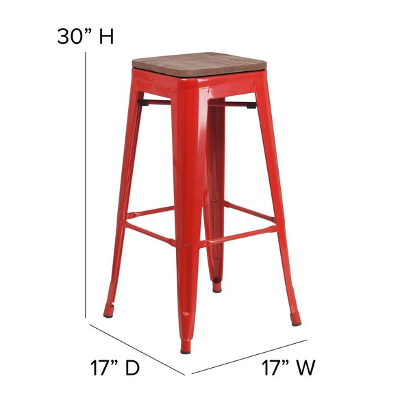 Backless Red Metal Barstool with Square Wood Seat, 30