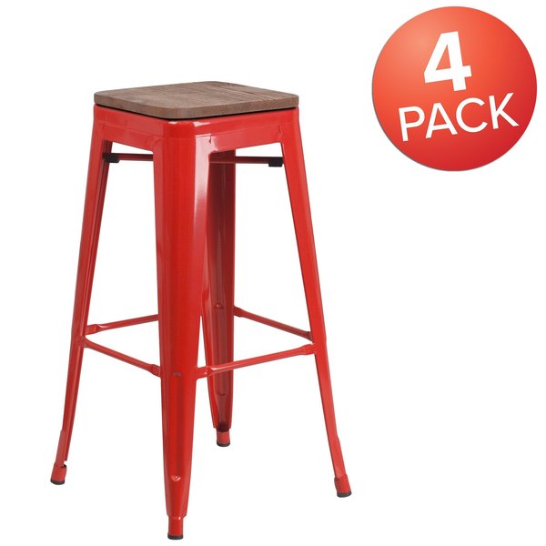 Backless Red Metal Barstool with Square Wood Seat, 30