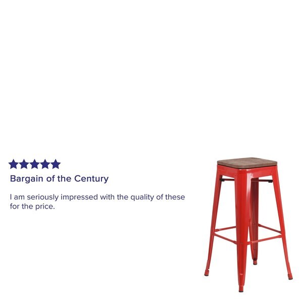 Backless Red Metal Barstool with Square Wood Seat, 30
