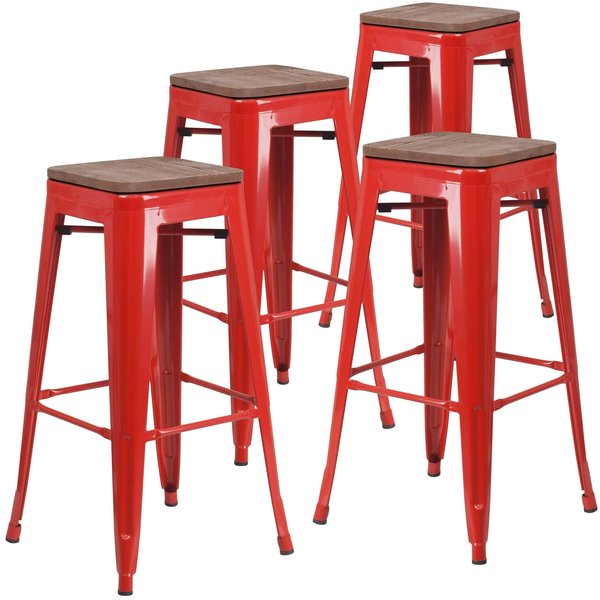 Backless Red Metal Barstool with Square Wood Seat, 30
