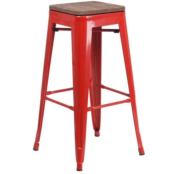 Backless Red Metal Barstool with Square Wood Seat, 30