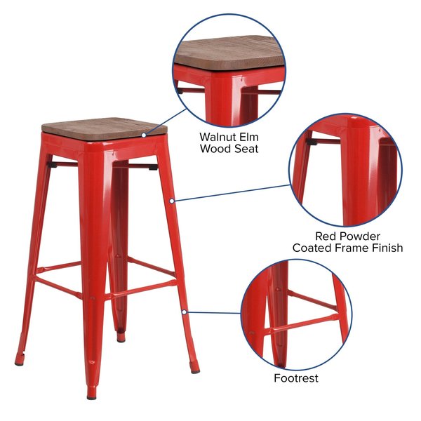 Backless Red Metal Barstool with Square Wood Seat, 30