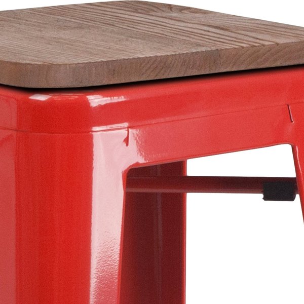 Backless Red Metal Barstool with Square Wood Seat, 30