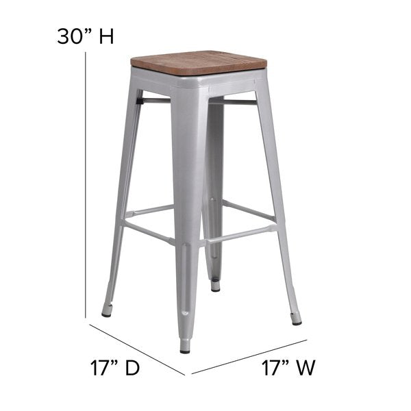 Backless Silver Metal Barstool with Square Wood Seat, 30