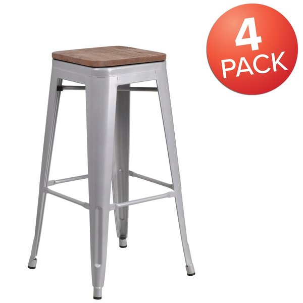 Backless Silver Metal Barstool with Square Wood Seat, 30