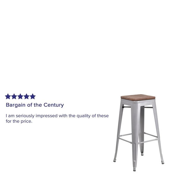 Backless Silver Metal Barstool with Square Wood Seat, 30