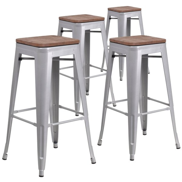 Backless Silver Metal Barstool with Square Wood Seat, 30