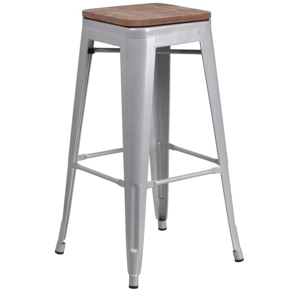 Backless Silver Metal Barstool with Square Wood Seat, 30