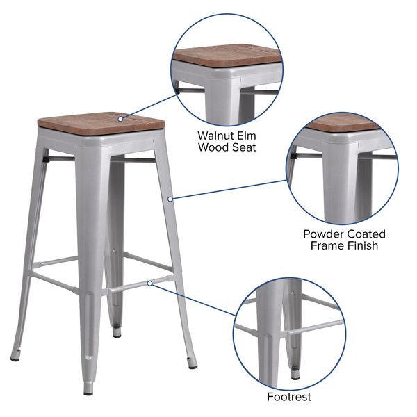 Backless Silver Metal Barstool with Square Wood Seat, 30