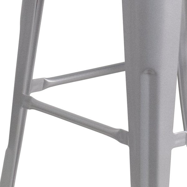 Backless Silver Metal Barstool with Square Wood Seat, 30