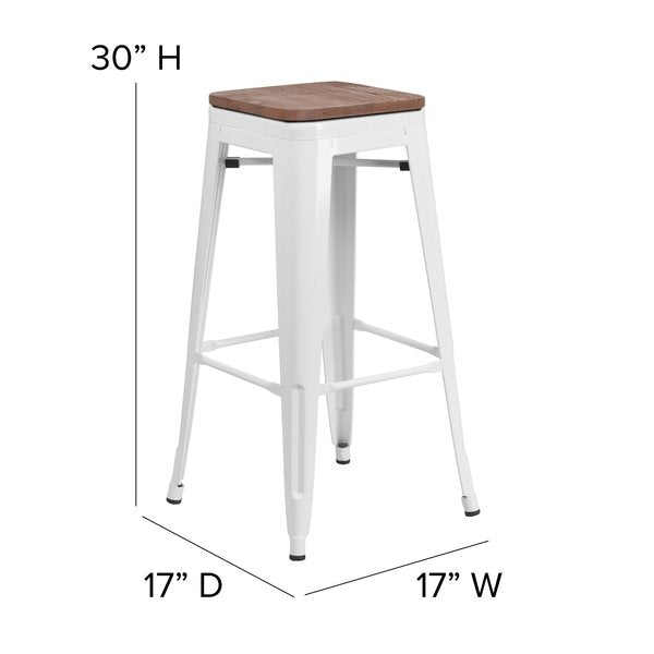 Backless White Metal Barstool with Square Wood Seat, 30