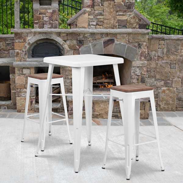Backless White Metal Barstool with Square Wood Seat, 30