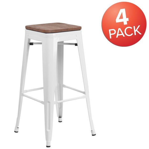 Backless White Metal Barstool with Square Wood Seat, 30