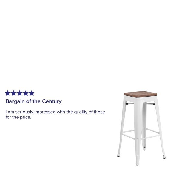 Backless White Metal Barstool with Square Wood Seat, 30