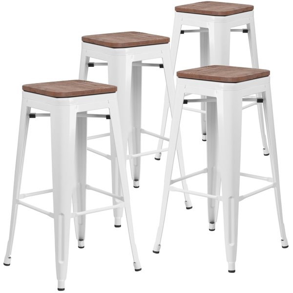 Backless White Metal Barstool with Square Wood Seat, 30
