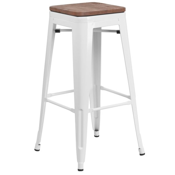 Backless White Metal Barstool with Square Wood Seat, 30