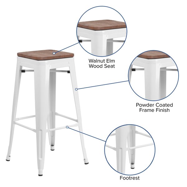 Backless White Metal Barstool with Square Wood Seat, 30