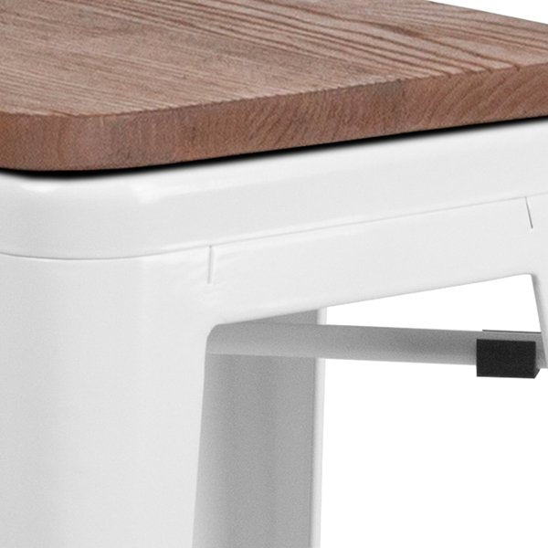 Backless White Metal Barstool with Square Wood Seat, 30