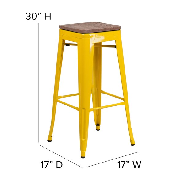 Backless Yellow Metal Barstool with Square Wood Seat, 30