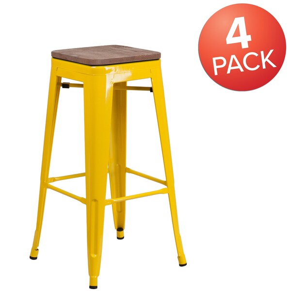 Backless Yellow Metal Barstool with Square Wood Seat, 30